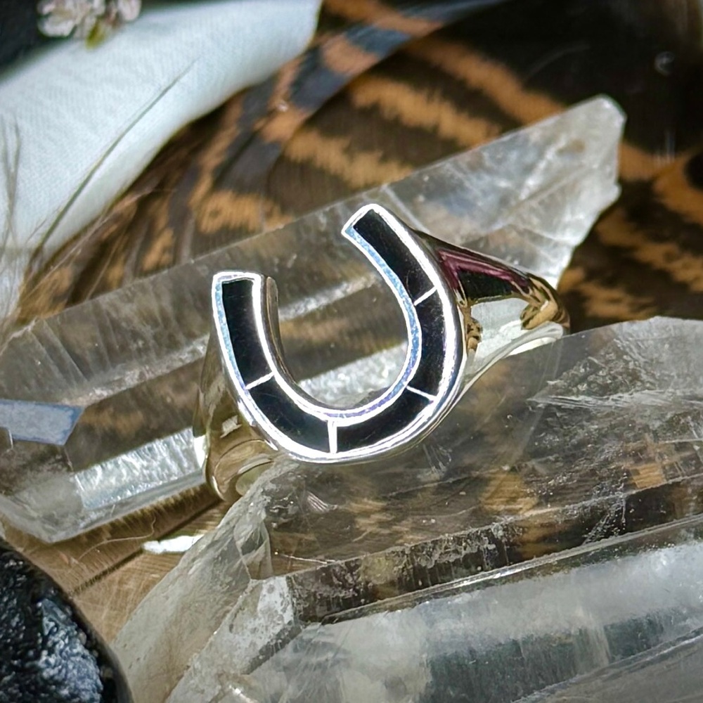 Sterling Silver & Black Onyx Southwest Cowboy Horseshoe Statement Ring Size 12
